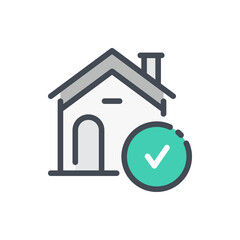 Mortgage approved color line icon. House building with check mark vector outline colorful sign.