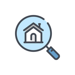 Real estate search color line icon. Magnifier glass with house building vector outline colorful sign.