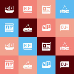 Set pop art Cargo ship with boxes delivery, Buy button, Resume and From 9 5 job icon. Vector