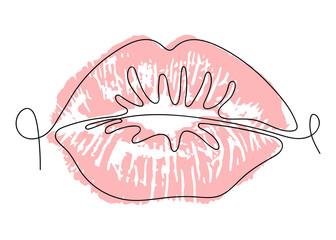 Pink Lips on a white background. Line art drawing. Endless Lip drawing with added color. Isolated element. Vector illustration.