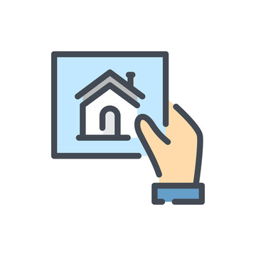 Real estate options color line icon. Hand with picture of house vector outline colorful sign.