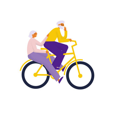 Elderly couple riding bicycle together. Old lady sits on back of mans cycle. Grandfather wheels grandmother on bicycle. Flat vector illustration