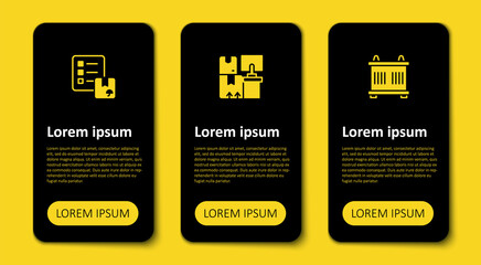 Set Container, Warehouse with boxes and Verification of delivery list. Business infographic template. Vector