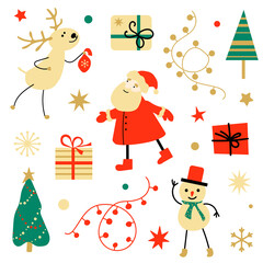 Flat Christmas set Santa, deer, snowman, gifts, garlands. Vector illustration