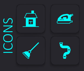 Set Industry metallic pipe, House, Electric iron and Rubber plunger icon. Black square button. Vector