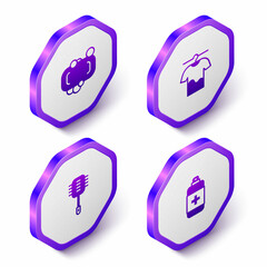 Set Isometric Bar of soap, Drying clothes, Toilet brush and Antibacterial icon. Purple hexagon button. Vector