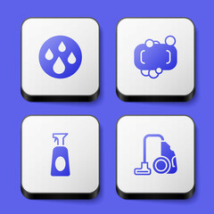 Set Water drop, Bar of soap, Cleaning spray with detergent and Vacuum cleaner icon. White square button. Vector