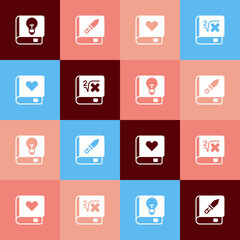 Set pop art User manual, Book about weapon, Romance book and with mathematics icon. Vector