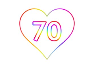 Number 70 into a white heart with rainbow color outline.