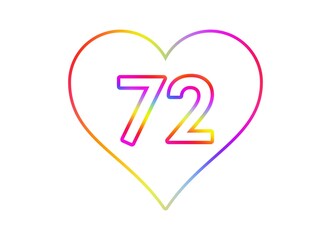 Number 72 into a white heart with rainbow color outline.