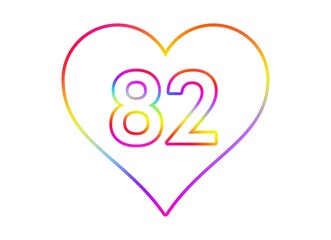 Number 82 into a white heart with rainbow color outline.