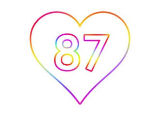 Number 87 into a white heart with rainbow color outline.