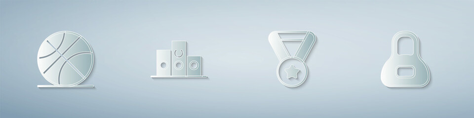 Set Basketball ball, Award over sports winner podium, Medal and Weight. Paper art style. Vector