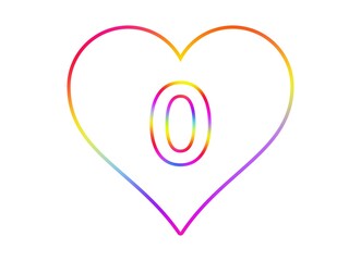 Number 0 into a white heart with rainbow color outline.