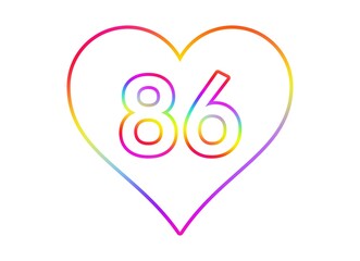 Number 86 into a white heart with rainbow color outline.