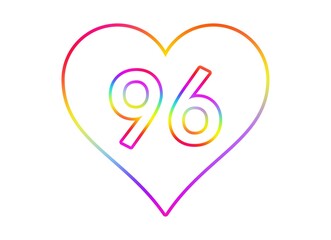Number 96 into a white heart with rainbow color outline.
