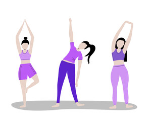 Obraz na płótnie Canvas Vector set of training girl. Woman doing fitness and yoga exercises.
