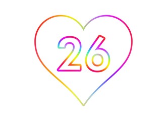 Number 26 into a white heart with rainbow color outline.