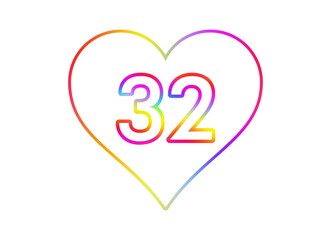 Number 32 into a white heart with rainbow color outline.