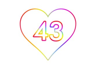 Number 43 into a white heart with rainbow color outline.
