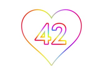 Number 42 into a white heart with rainbow color outline.