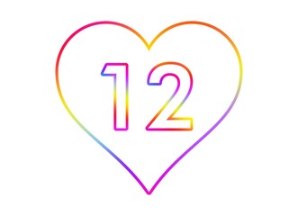 Number 12 into a white heart with rainbow color outline.