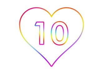 Number 10 into a white heart with rainbow color outline.