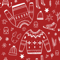 Seamless pattern with clothes on a red background.