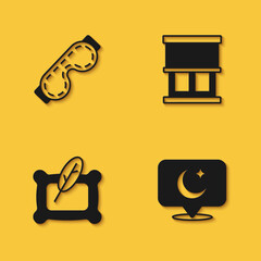 Set Eye sleep mask, Moon and stars, Pillow and Window with curtains icon with long shadow. Vector