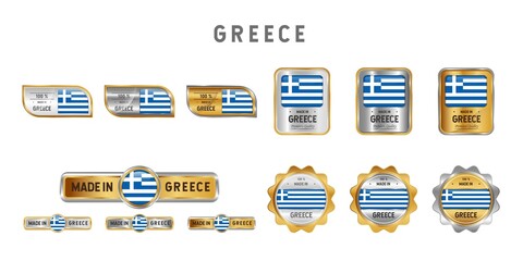 Made in Greece Label, Stamp, Badge, or Logo. With The National Flag of Greece. On platinum, gold, and silver colors. Premium and Luxury Emblem