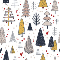 different simple Christmas trees on a white background. simple blue and yellow pattern in scandi style
