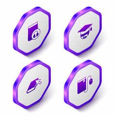 Set Isometric Audio book, Graduation cap on globe, Online and Electronic with mouse icon. Purple hexagon button. Vector