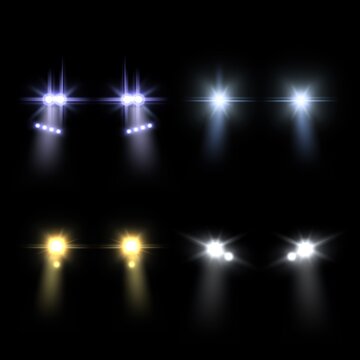 Realistic car headlights. Bright round cars headlight, front light flares and blur shadows effect. Automobile glow beams in night, driving transport in dark. Vector isolated set