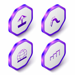 Set Isometric Sandbox with sand, Slide playground, Playground climbing equipment and Sport horizontal bar icon. Purple hexagon button. Vector