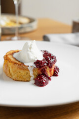 French toast with vanilla ice cream and raspberry jam