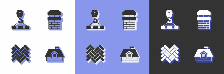 Set House, Crane hook, Parquet and Chimney icon. Vector