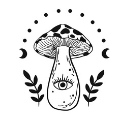Mystical boho mushrooms isolated , magic line celestial mushroom, moon and stars, witchy esoteric objects, floral mystical - black and white vector illustration