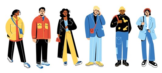 People in casual wear. Men and women trendy outfits, modern fashion models, hipsters students in jeans and sneakers, stylish characters in urban clothing vector cartoon flat isolated set