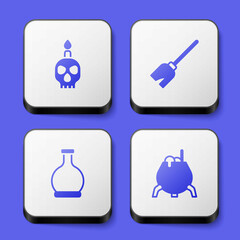 Set Burning candle on skull, Witches broom, Bottle with potion and cauldron icon. White square button. Vector