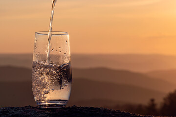 a glass of pure transparent mineral drinking water against the background of a sunset in the...
