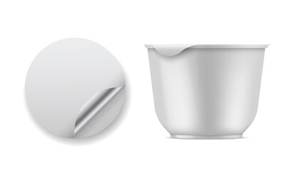 Container yogurt. White empty plastic packaging for dairy product. Round container with rolled foil. Top and side view closed box. Milk product, melted cheese package vector realistic mockup