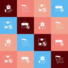 Set pop art House in hand, Tornado, Delivery security with shield and Briefcase icon. Vector