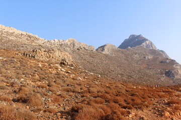 Rough Balos Lagoon (or Balos Beach) trail and territory in northwestern part of Crete Island, Greece. After 10 kms of bumpy car road, about 7 kms of footpath leads to the famous beach.