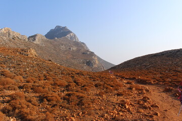 Rough Balos Lagoon (or Balos Beach) trail and territory in northwestern part of Crete Island, Greece. After 10 kms of bumpy car road, about 7 kms of footpath leads to the famous beach.