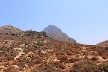 Rough Balos Lagoon (or Balos Beach) trail and territory in northwestern part of Crete Island, Greece. After 10 kms of bumpy car road, about 7 kms of footpath leads to the famous beach.