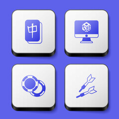 Set Mahjong pieces, Game dice, Casino chips and Dart arrow icon. White square button. Vector