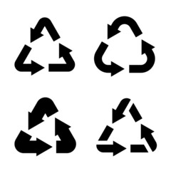 Icons eco recycling. Black arrows in triangle form. Ecological emblems and organic labels, reuse packaging pictogram, reuse plastic sign, garbage sorting tags. Vector isolated set