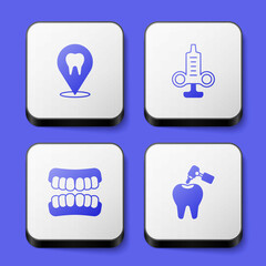 Set Dental clinic location, Syringe, Dentures model and Tooth with caries and drill icon. White square button. Vector