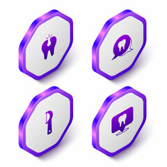 Set Isometric Broken tooth, Tooth, Dental floss and clinic location icon. Purple hexagon button. Vector