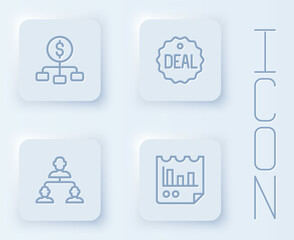 Set line Hierarchy with dollar, Deal, Employee hierarchy and Document graph chart. White square button. Vector